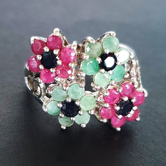 One-of-a-Kind Vintage Natural Emerald, Ruby & Sapphire 925 Silver Statement Ring - Picture 9 of 14